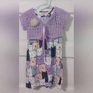 Adorable Cat Print Kids Dress with Purple Crochet Shrug